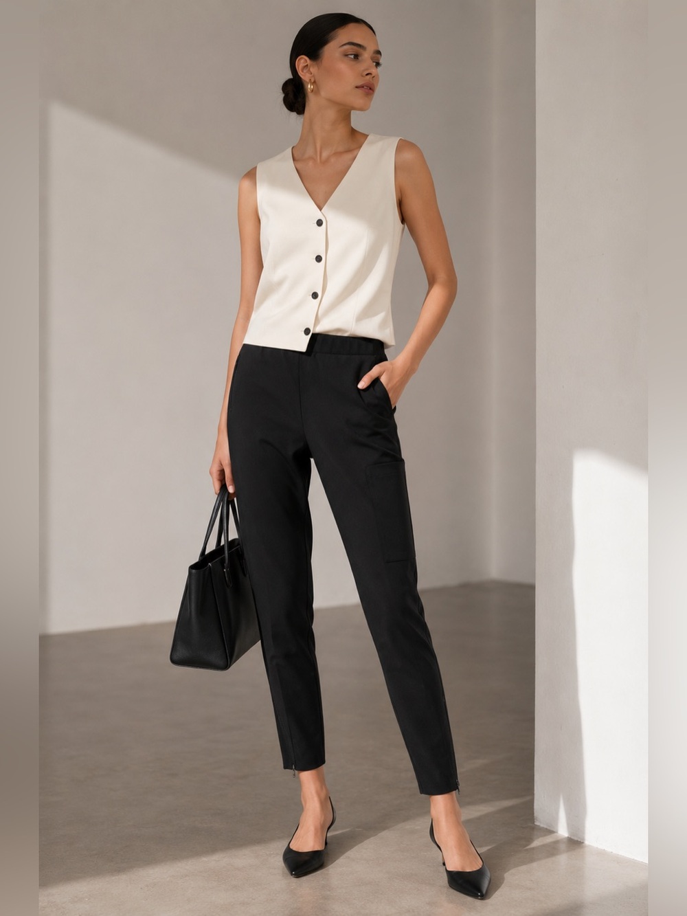 WAYF Black Tailored Ankle Pants | Size L | Stretch Pull-On | Workwear Chic